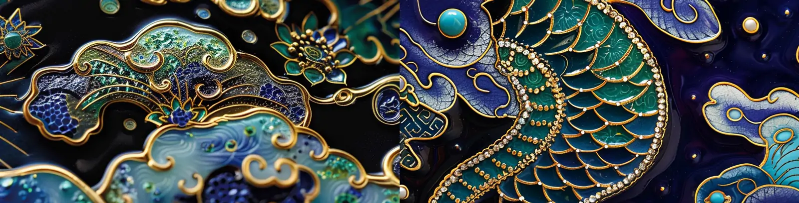 中国风奢华古代蓝色景泰蓝珐琅宝石装饰品花纹图案midjourney关键词咒语