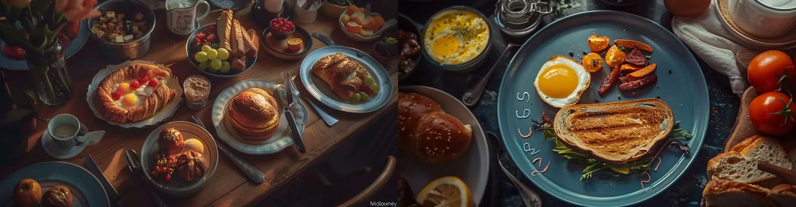 营养早餐面包煎蛋餐桌西餐摄影海报midjourney关键词咒语