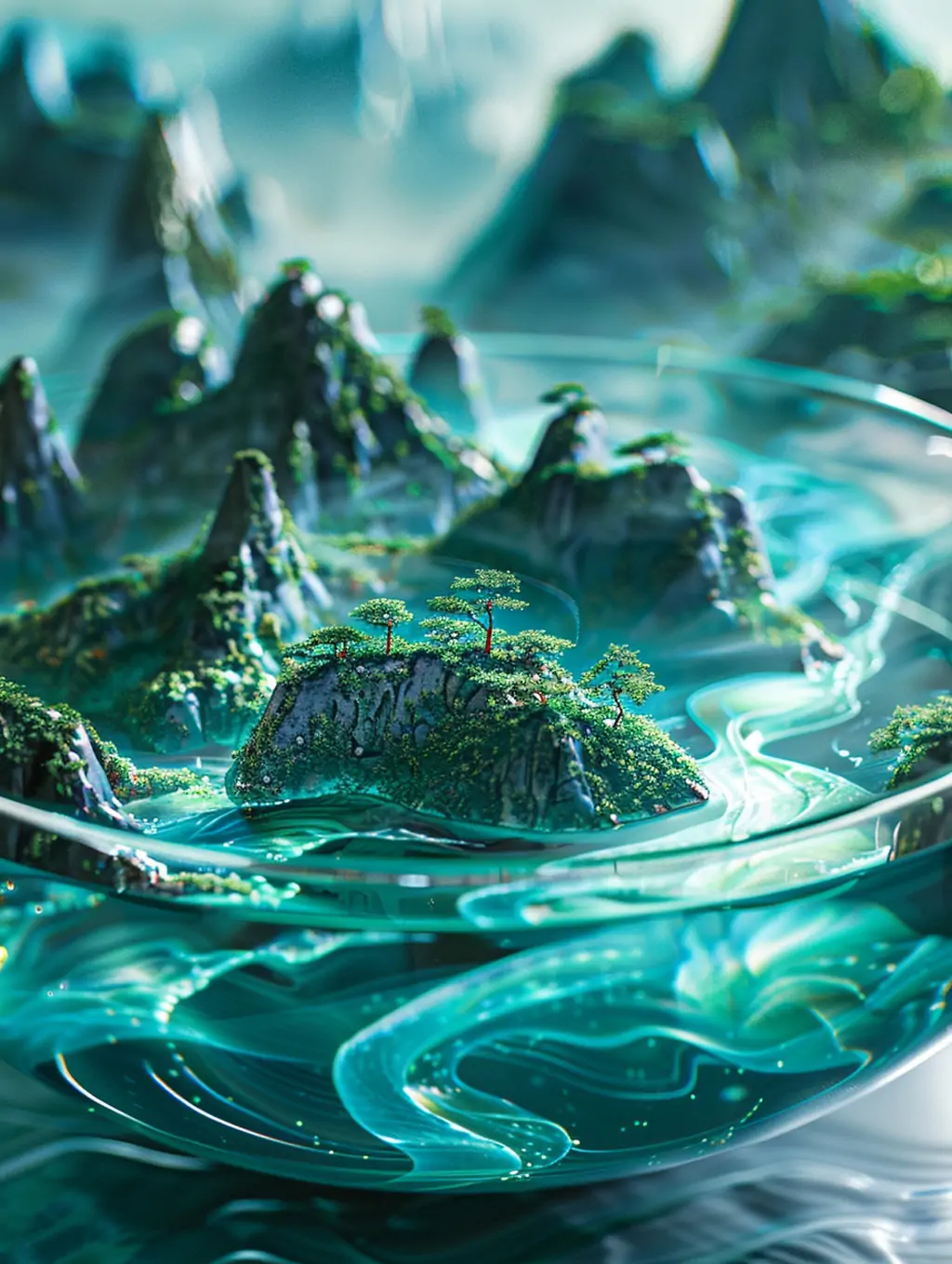 创意绿色自然山脉河流风景玻璃碗工艺品模型midjourney关键词咒语 - Ai宇宙吧--Ai宇宙吧-