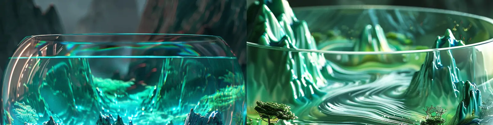 创意绿色自然山脉河流风景玻璃碗工艺品模型midjourney关键词咒语