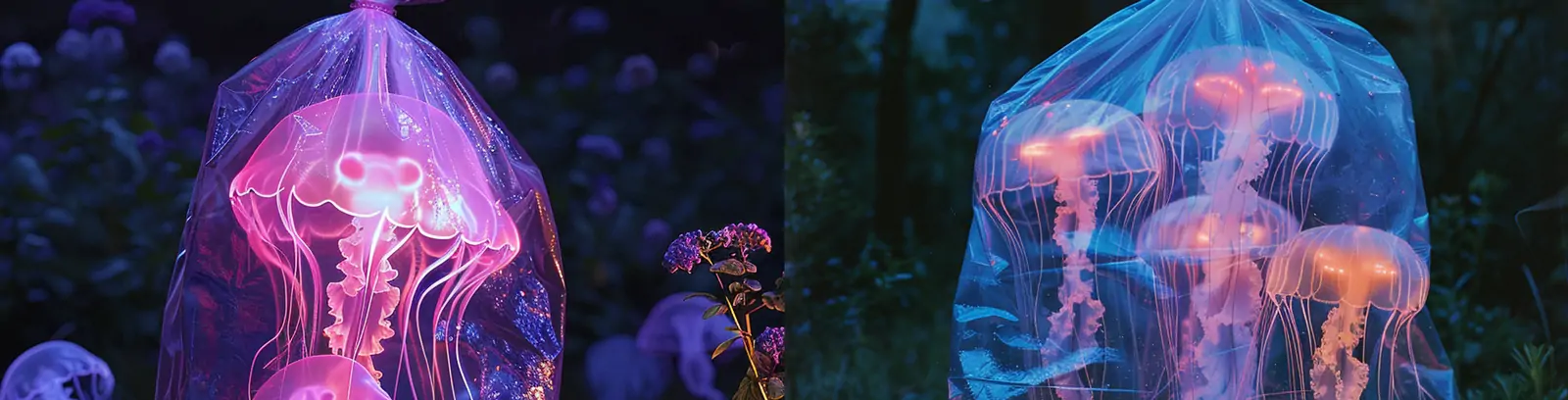 创意彩色透明塑料袋里发光水母光效艺术摄影海报midjourney关键词咒语