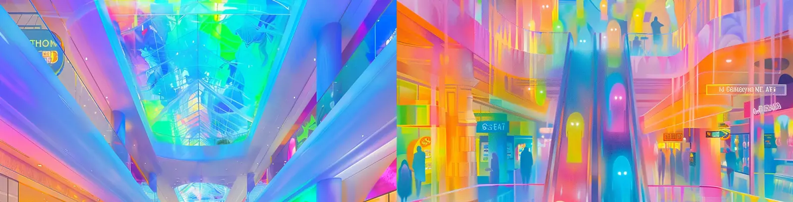 创意彩色鬼魂幽灵生物发光体购物中心场景空间海报midjourney关键词咒语