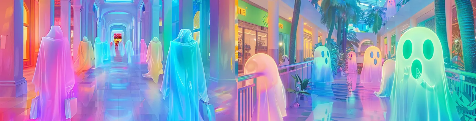 创意彩色鬼魂幽灵生物发光体购物中心场景空间海报midjourney关键词咒语