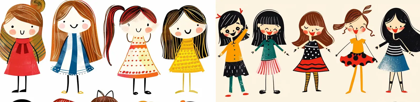 手绘可爱卡通女孩简笔画风格插图绘画海报midjourney关键词咒语