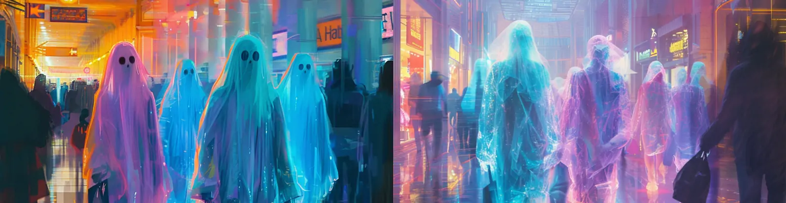 创意彩色生物幽灵鬼魂发光体购物中心场景空间海报midjourney关键词咒语