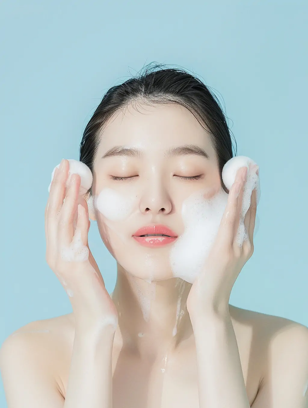 美丽亚洲女孩白色泡沫洗脸洗面奶产品广告摄影海报midjourney关键词咒语-Ai宇宙吧-
