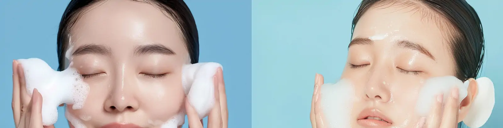 美丽亚洲女孩白色泡沫洗脸洗面奶产品广告摄影海报midjourney关键词咒语