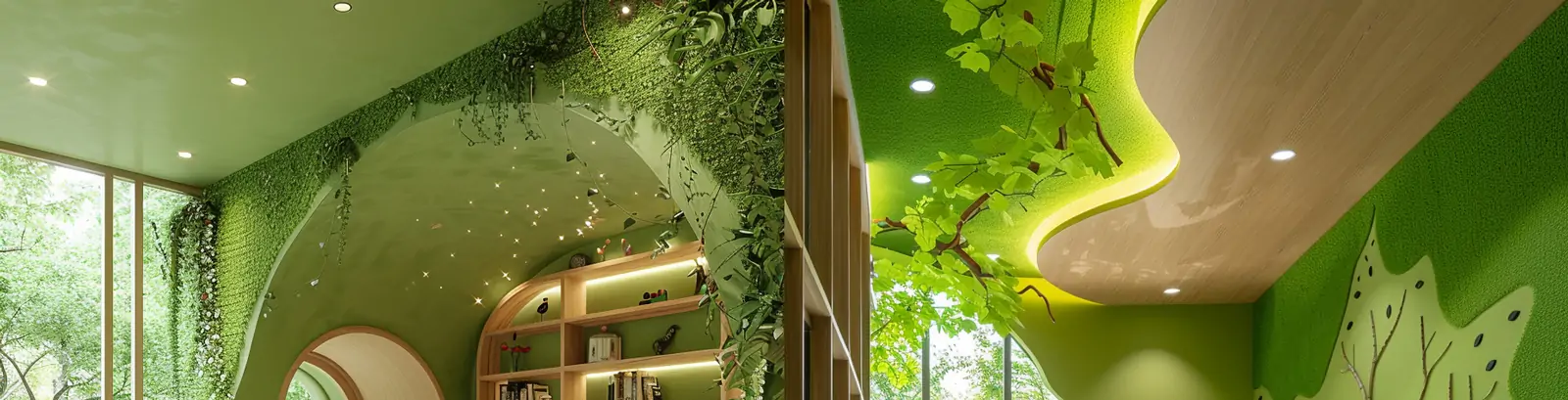 神奇梦幻美丽绿色森林学校幼儿园书桌室内空间摄影海报midjourney关键词咒语