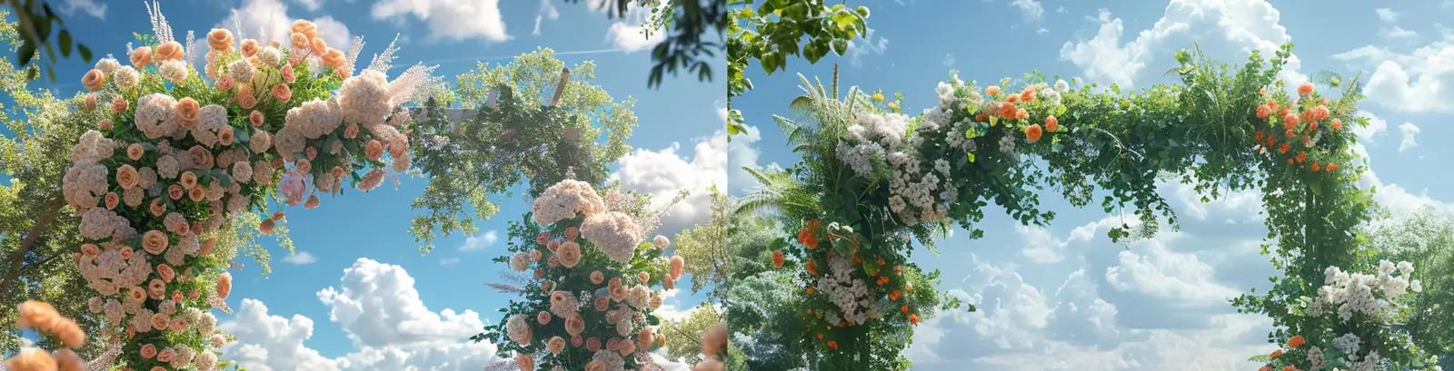 户外蓝天白云鲜花拱形花门婚礼舞台场景空间摄影海报midjourney关键词咒语