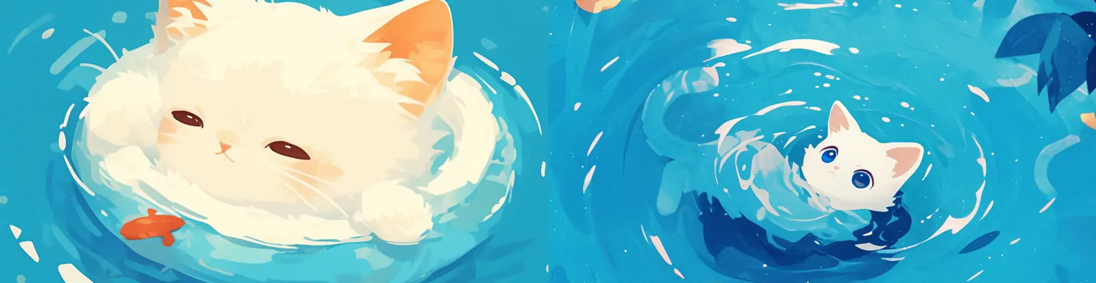 手绘蓝色游泳池可爱猫咪游泳戏水插图绘画海报midjourney关键词咒语