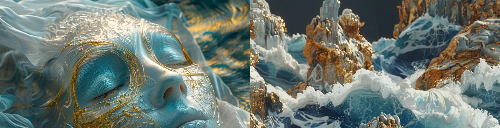 未来主义金色面具蓝色波浪云朵人物模型midjourney关键词咒语