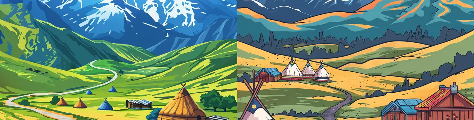 手绘自然田园风光山脉蒙古包草原场景插图绘画海报midjourney关键词咒语