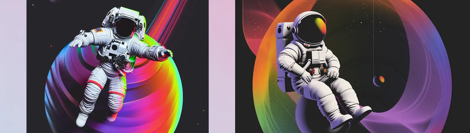 超现实主义彩色渐变太空宇航员球体画册封面海报midjourney关键词咒语