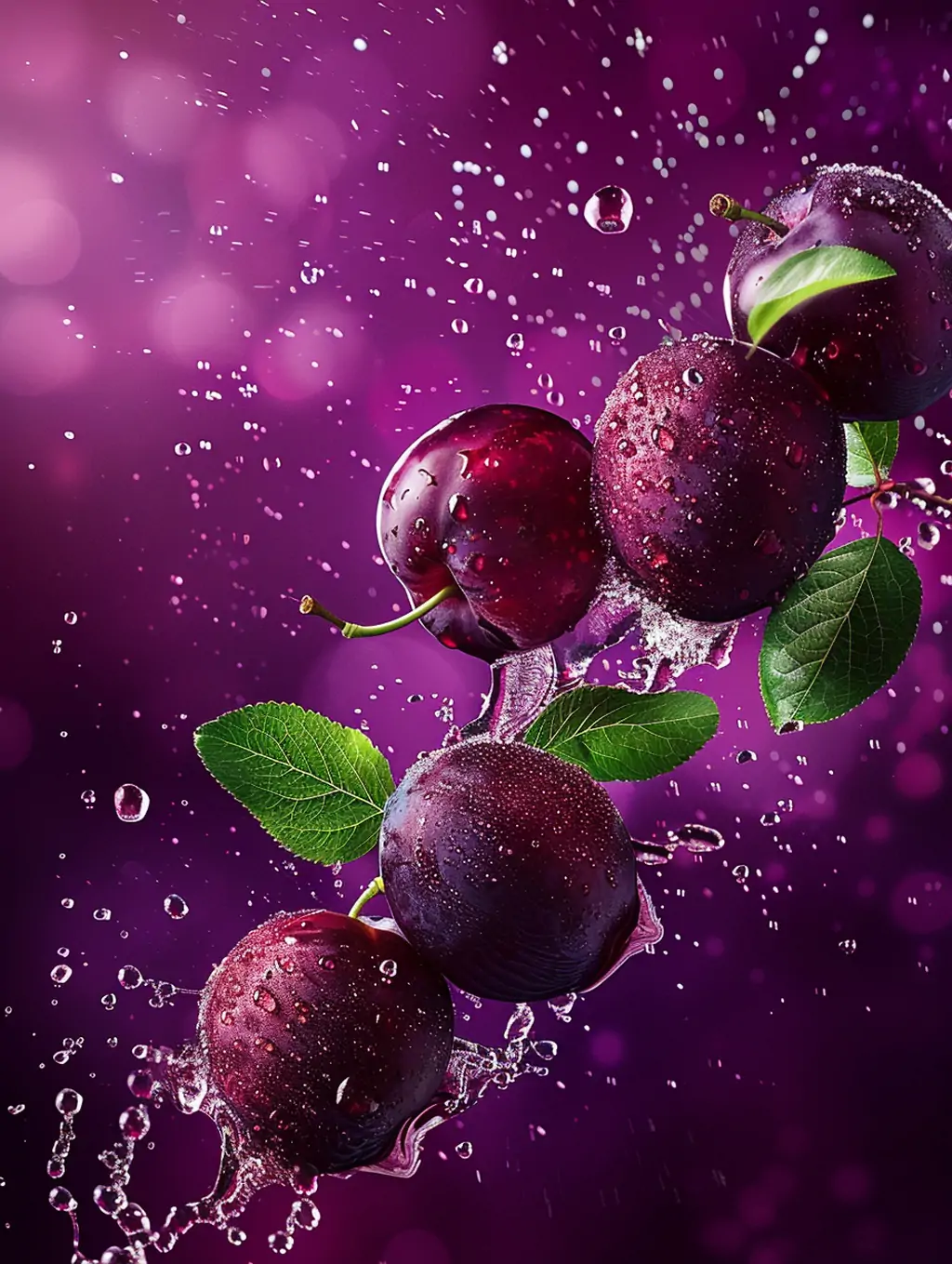 新鲜水果紫色李子果汁饮料水花飞溅广告摄影海报midjourney关键词咒语-Ai宇宙吧-