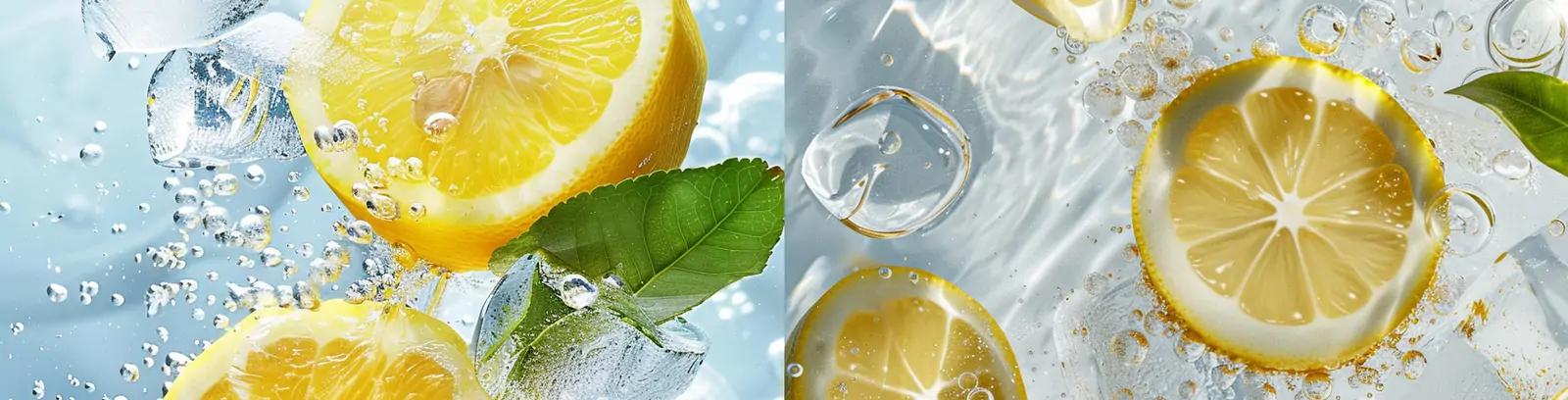 清凉夏季果汁饮料黄色柠檬水透明气泡水滴冰块摄影海报midjourney关键词咒语