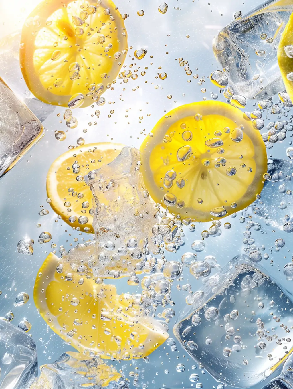 清凉夏季果汁饮料黄色柠檬水透明气泡水滴冰块摄影海报midjourney关键词咒语-Ai宇宙吧-