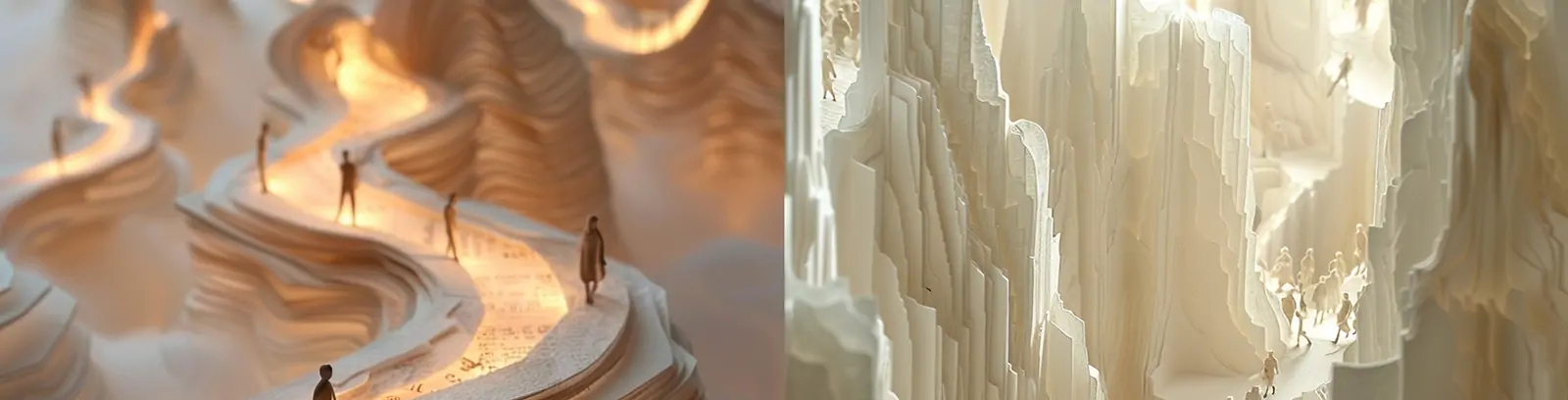 创意3D立体剪纸艺术书籍纸张自然风景人物行走光效场景海报midjourney关键词咒语