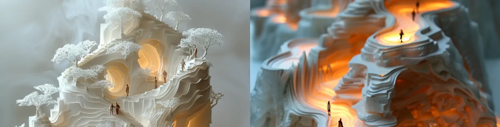 创意3D立体剪纸艺术书籍纸张自然风景人物行走光效场景海报midjourney关键词咒语