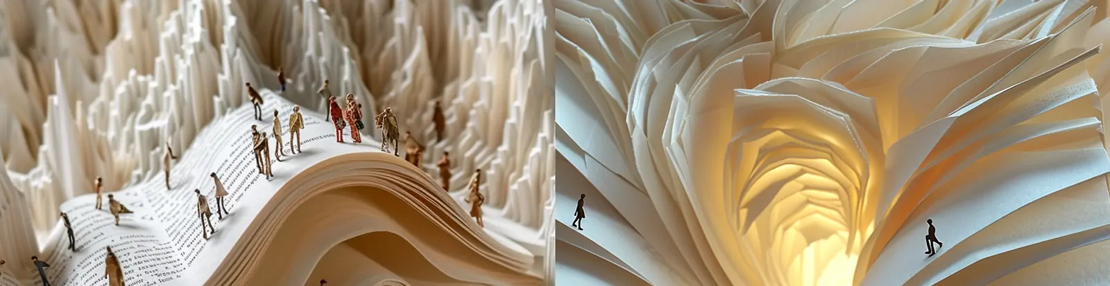 创意3D立体剪纸艺术书籍纸张自然风景人物行走光效场景海报midjourney关键词咒语