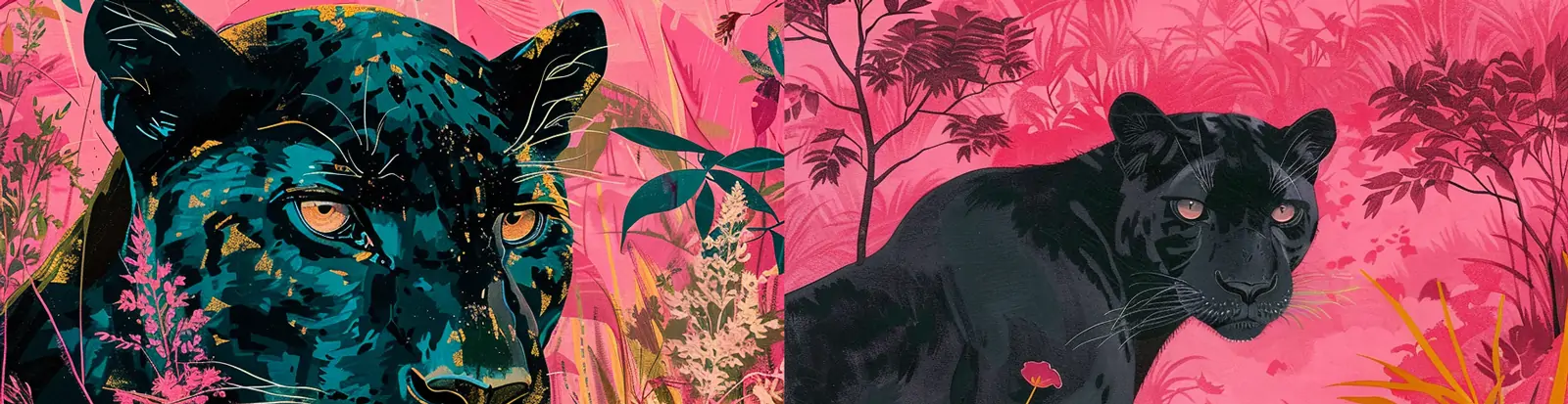 创意手绘粉色植物树木丛林动物黑豹特写插图绘画海报midjourney关键词咒语