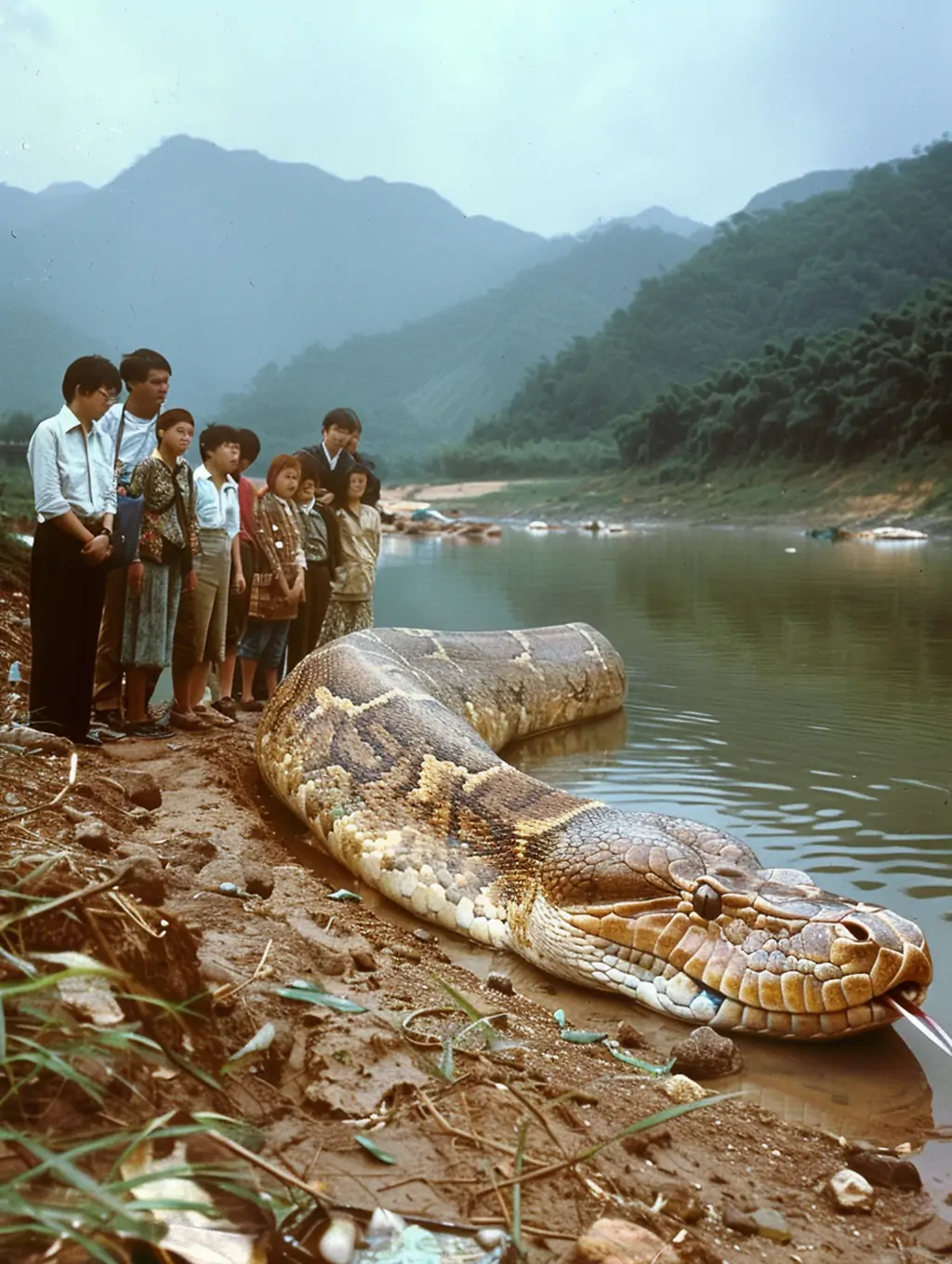 中国南方河岸巨蛇捕捉围观场景摄影海报midjourney关键词咒语-Ai宇宙吧-