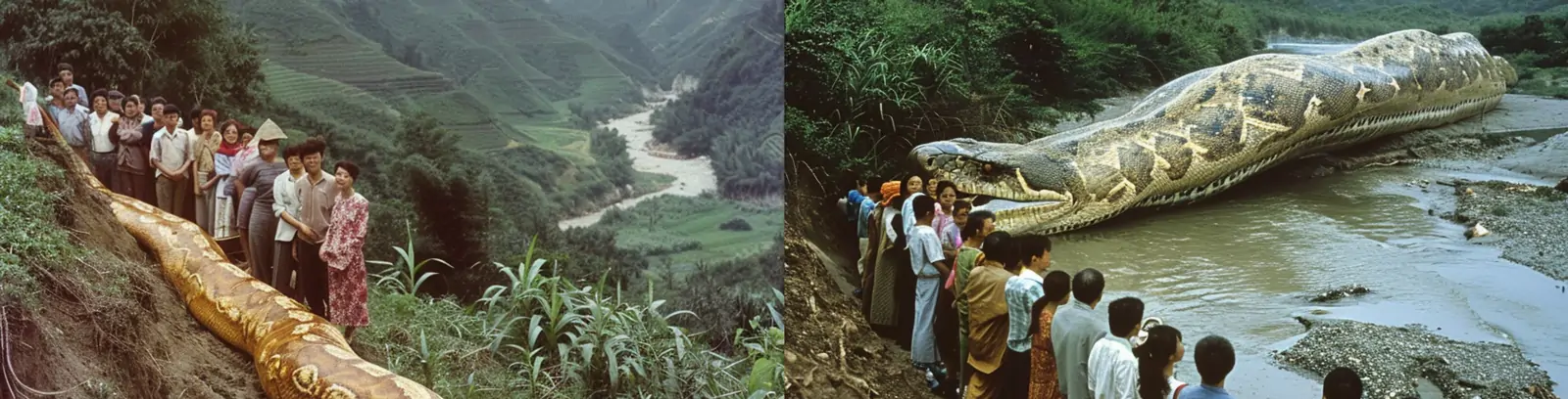 中国南方河岸巨蛇捕捉围观场景摄影海报midjourney关键词咒语