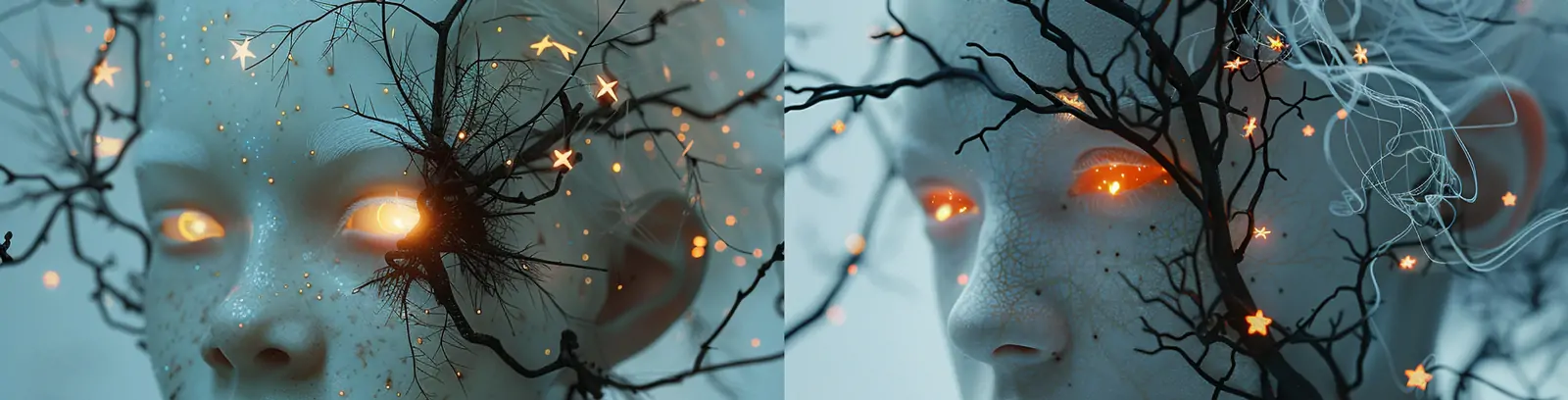 创意未来主义白化病女孩人物树枝合成海报midjourney关键词咒语