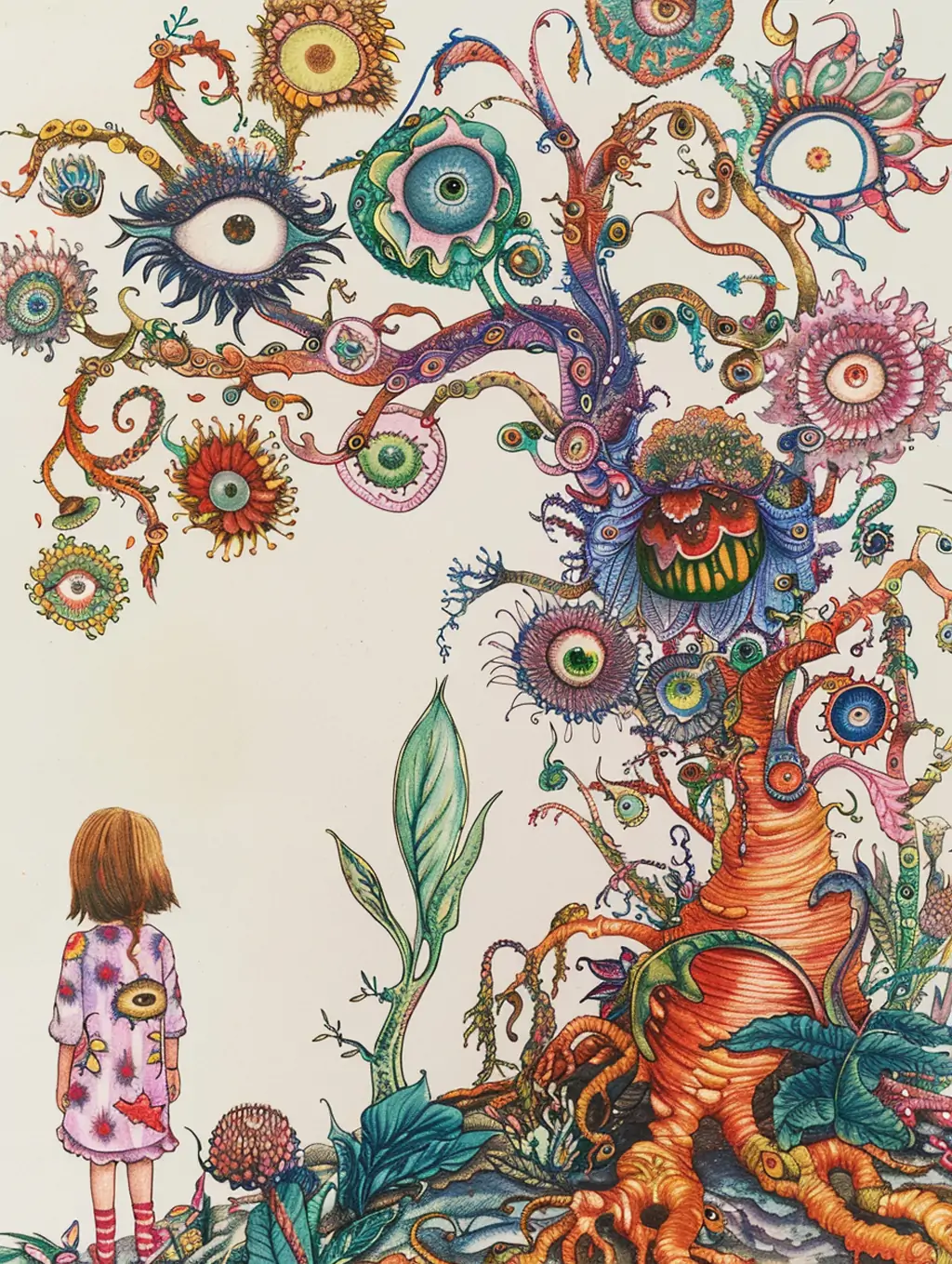 手绘彩色鲜花植物藤蔓女孩梦境图案插图海报midjourney关键词咒语-Ai宇宙吧-