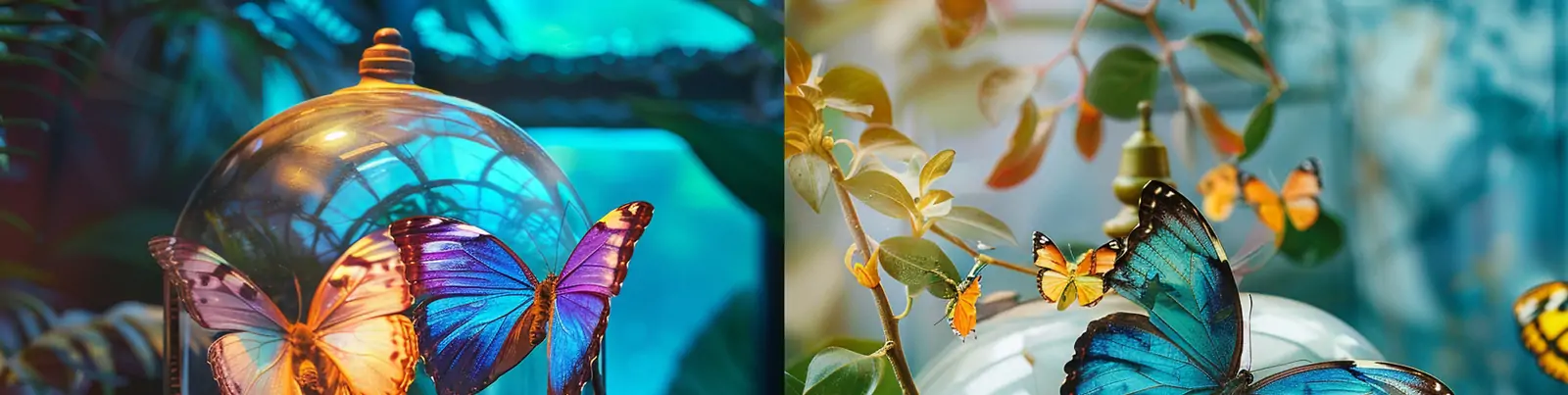 色彩鲜艳异国风情蝴蝶玻璃罩工艺品摄影海报midjourney关键词咒语