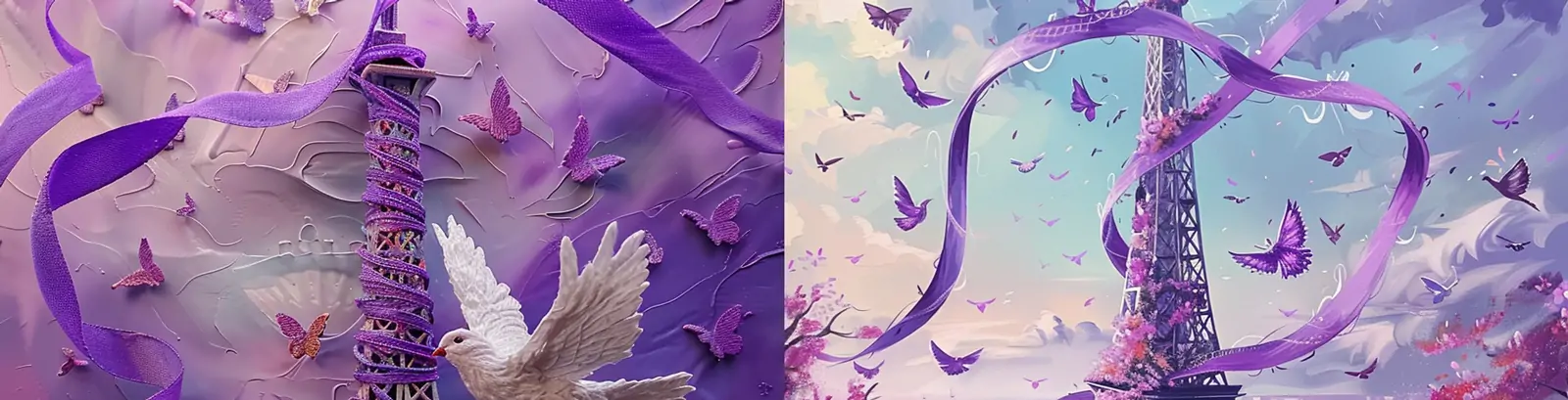紫色浪漫丝绸围绕法国巴黎奥运会埃菲尔铁塔midjourney关键词咒语