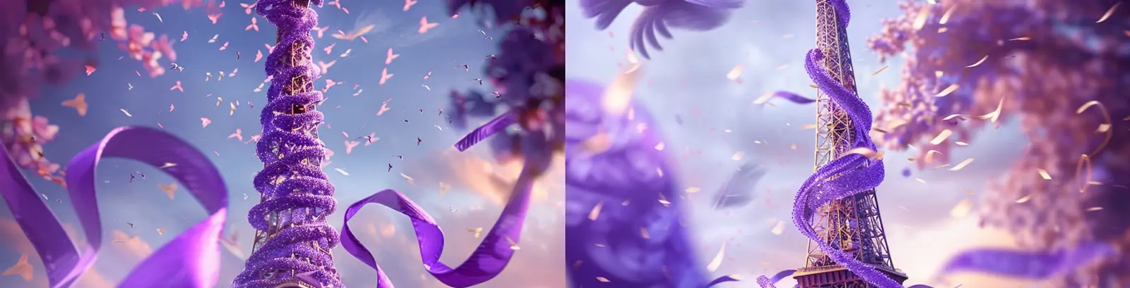 紫色浪漫丝绸围绕法国巴黎奥运会埃菲尔铁塔midjourney关键词咒语