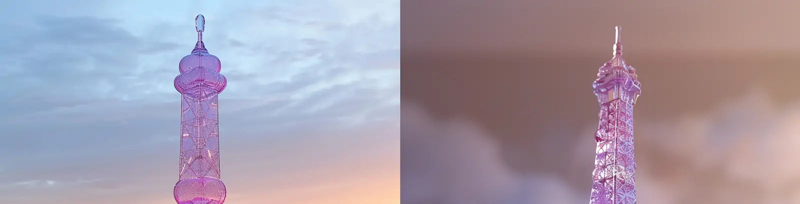 紫色浪漫透明水晶渐变法国巴黎奥运会埃菲尔铁塔模型midjourney关键词咒语