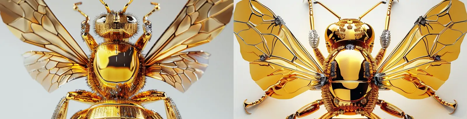 巨型黄色金属铬风格3D立体昆虫动物蜜蜂机械模型midjourney关键词咒语
