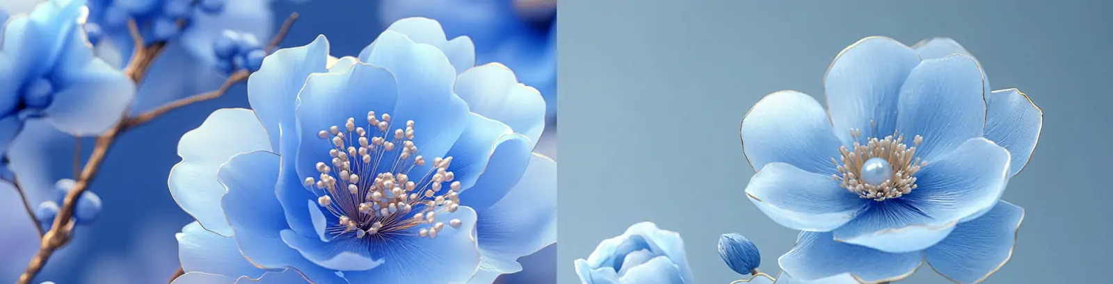 蓝色烫金鲜花牡丹花瓣花蕊珠宝装饰特写摄影海报midjourney关键词咒语