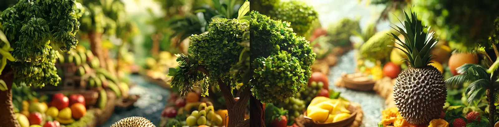 创意新鲜水果菠萝葡萄香蕉蓝莓椰子河流微缩景观摄影海报midjourney关键词咒语