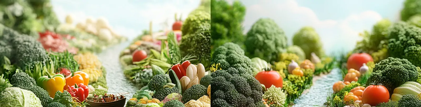 创意新鲜蔬菜胡萝卜白菜番茄西蓝花辣椒河流微缩景观摄影海报midjourney关键词咒语