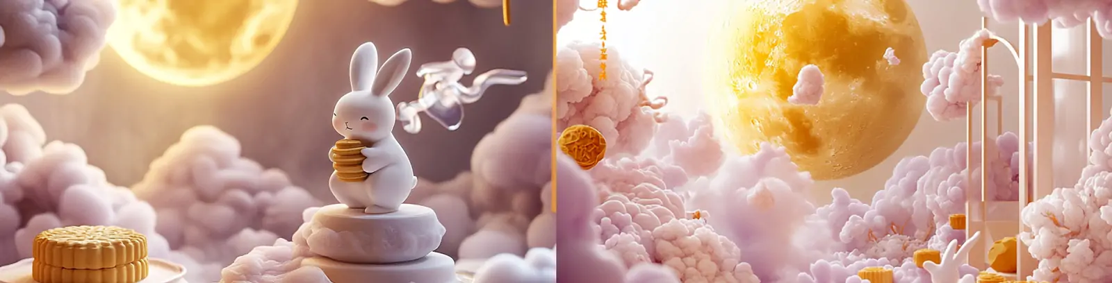 中国风传统节日中秋节古典艺术玉兔月饼梦幻场景海报midjourney关键词咒语