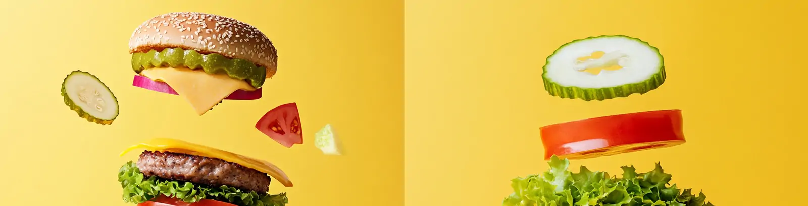 极简主义芝士汉堡配料飞扬美食产品广告摄影海报midjourney关键词咒语