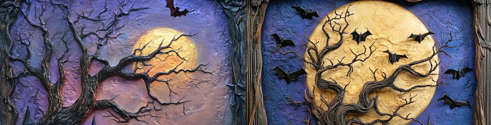 月光下的夜晚枯树蝙蝠城堡万圣节艺术立体浮雕midjourney关键词咒语