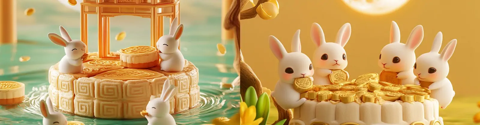 中国风传统节日中秋节3D卡通月饼玉兔微观场景海报midjourney关键词咒语