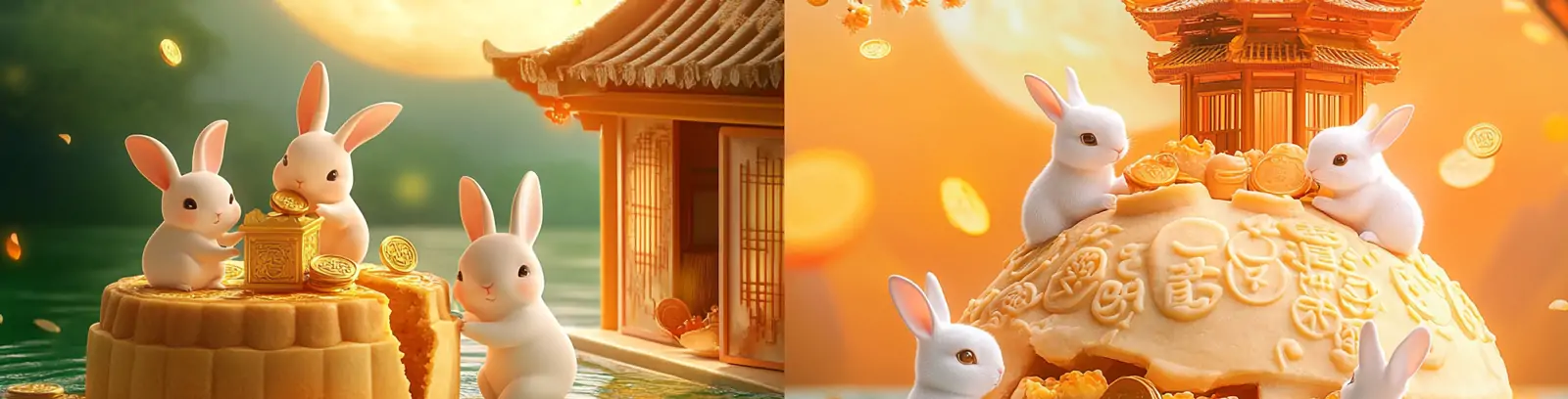 中国风传统节日中秋节3D卡通月饼玉兔微观场景海报midjourney关键词咒语