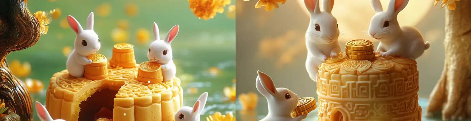 3D立体卡通中国传统节日中秋节月饼玉兔场景插图海报midjourney关键词咒语