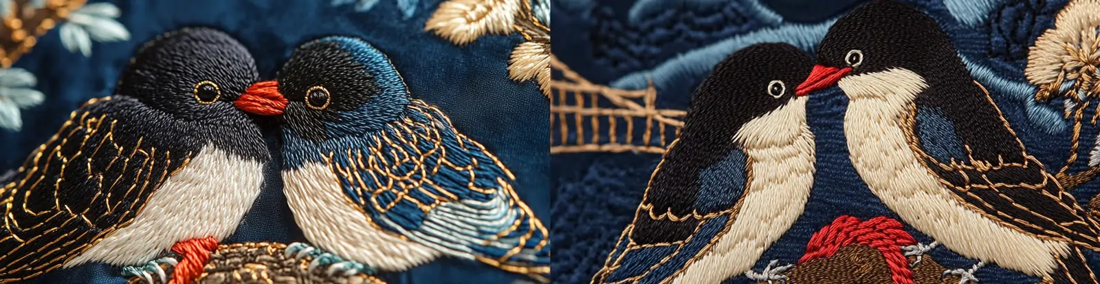 中国风传统工艺两只喜鹊树木花纹图案刺绣风格海报midjourney关键词咒语