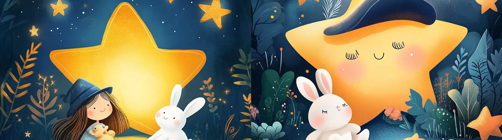 手绘可爱卡通黄色星星女孩白兔童话故事梦幻场景插图海报midjourney关键词咒语