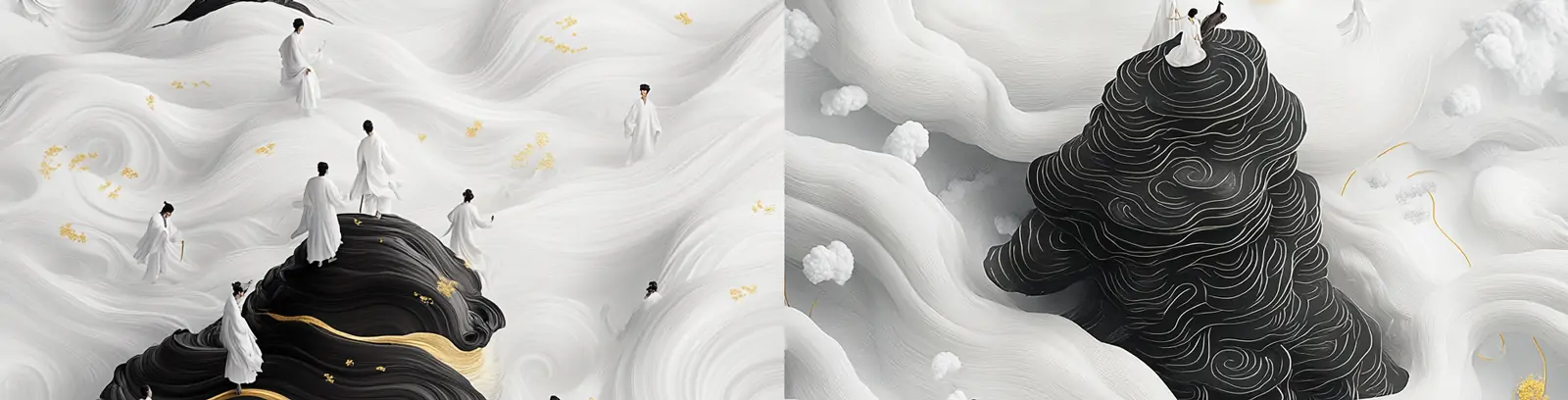 中国风黑白古典艺术悬崖行走鸟瞰图封面海报midjourney关键词咒语