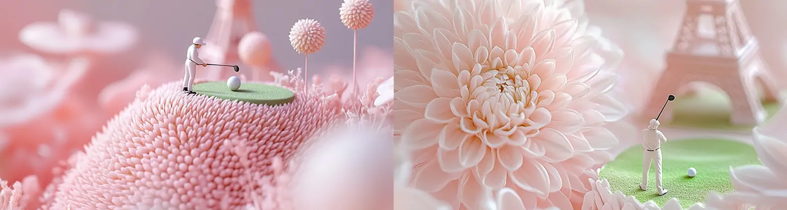 创意3D立体迷你高尔夫球场埃菲尔铁塔场景插图海报midjourney关键词咒语