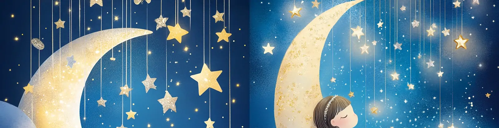 可爱女孩睡在月亮上星星点缀梦幻儿童故事书插图海报midjourney关键词咒语