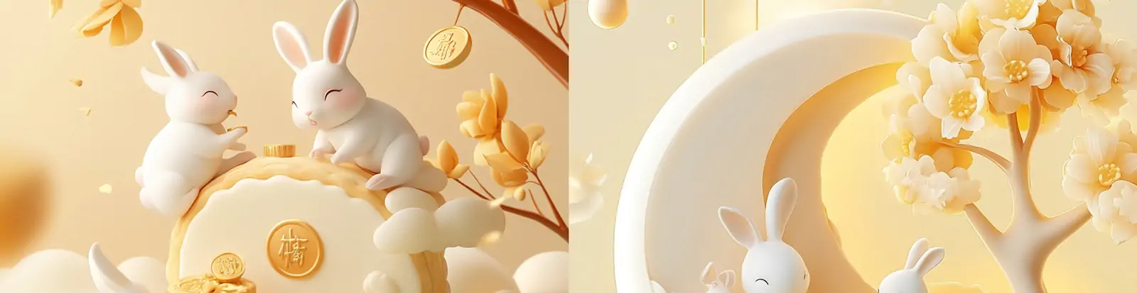 3D立体卡通中国传统节日中秋节月饼玉兔场景插图海报midjourney关键词咒语