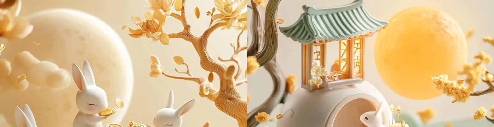 3D立体卡通中国传统节日中秋节月饼玉兔场景插图海报midjourney关键词咒语