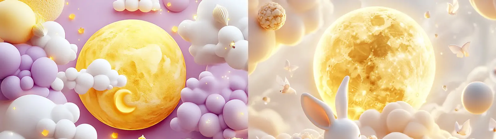 3D立体卡通中国传统节日中秋节月饼玉兔云朵梦幻场景插图海报midjourney关键词咒语